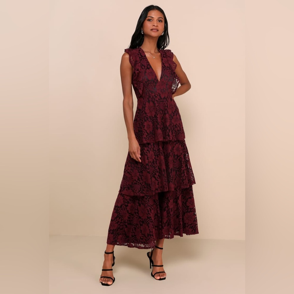Lulus Molinetto Burgundy Lace Ruffled Tiered Sleeveless Maxi Dress Size XL